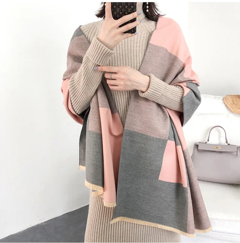 Thick Cashmere Women Winter Scarf Solid Plaid Female Pashmina Scarves Shawls and Wraps Luxury New