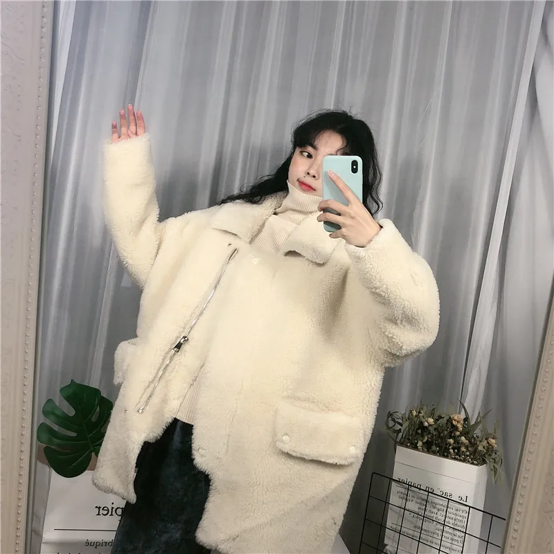 

Photo Shoot Autumn And Winter Korean-style 2019 New Style Laziness-Style Loose-Fit Faux Lambswool Thick Long Sleeve Cotton Coat