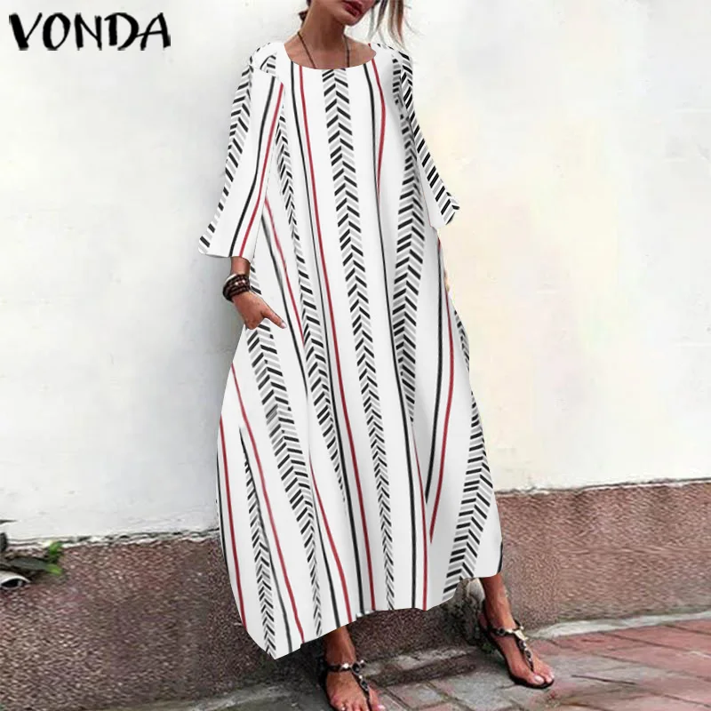 VONDA, винтажное платье макси, женское, повседневное, с круглым вырезом, для вечеринки, платья, Осенний сарафан, модное богемное платье, Femme, сексуальное, Vestidos, 5XL