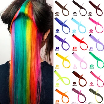 

DIANQI Color Straight Long Hair Extensions Piece Clip Featured Rainbow Hair Streak Pink Synthetic Hair Strands in Clips
