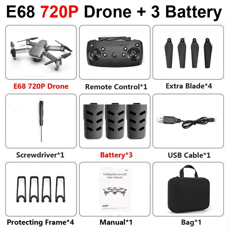 E68 720P 3b Bag E68 складной Профессиональный Дрон с камерой 4K HD селфи WiFi FPV широкоугольный оптический поток RC Квадрокоптер вертолет детская игрушка E520S - Цвет: E68 720P 3b Bag