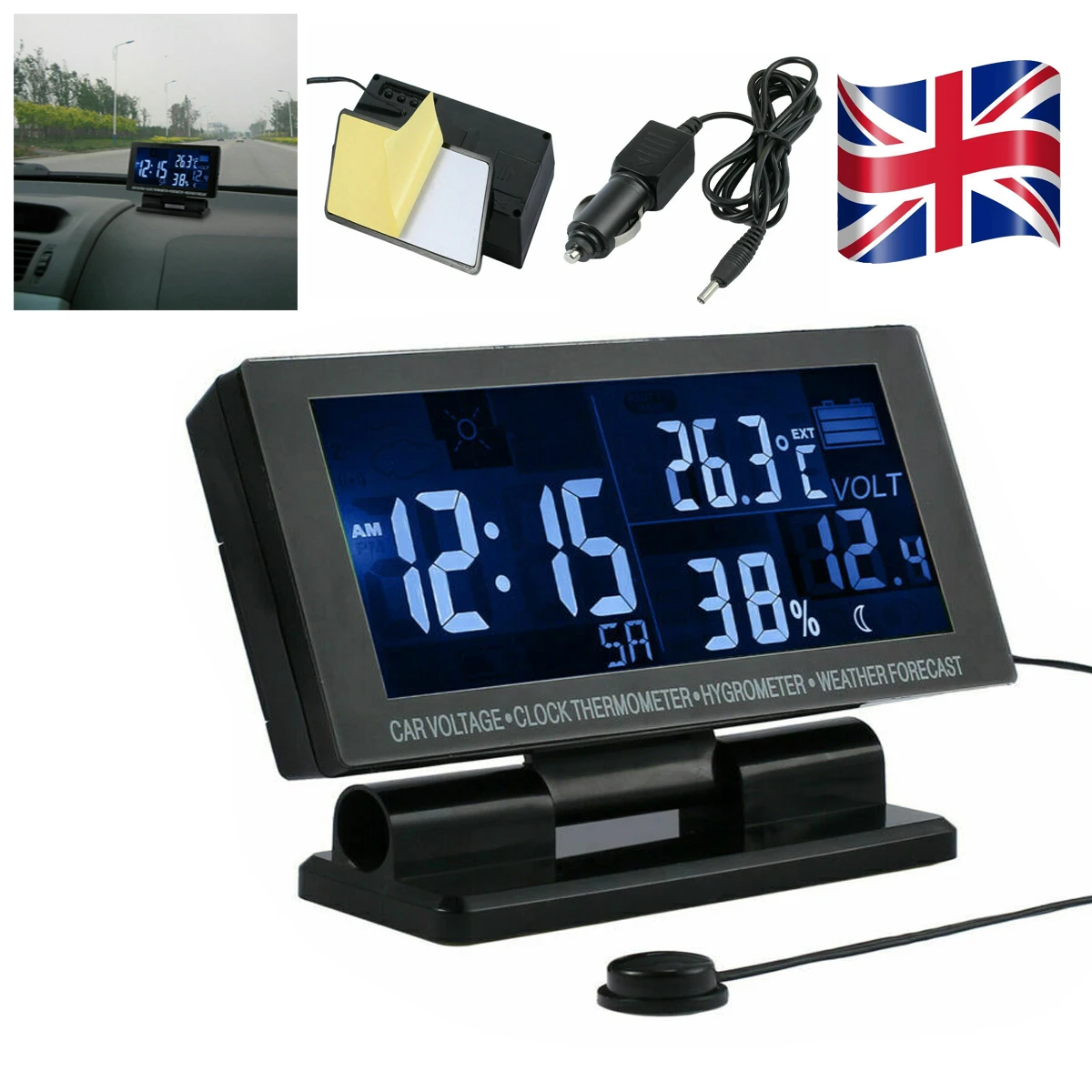 LCD Screen Digital Clock Car Voltmeter Thermometer Hygrometer Weather Forecast 