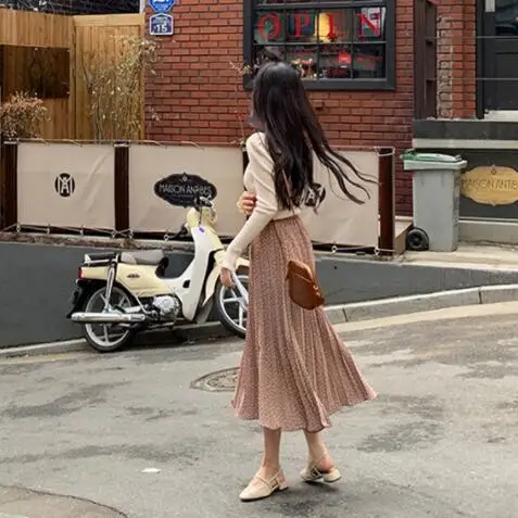 Faldas mujer moda женские плиссированные юбки в горошек весенние Юбки-миди леди с высокой талией трапециевидные юбки DV542