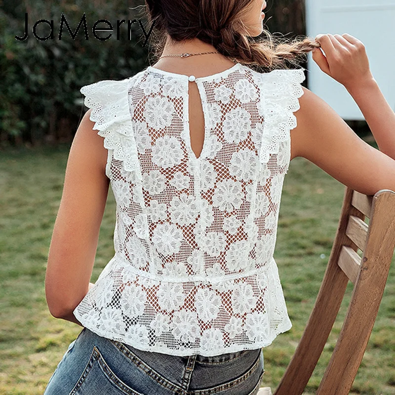 JaMerry White lace embroidery women tank tops Ruffled hollow out o-neck peplum tops female summer style Streetwear ladies tops