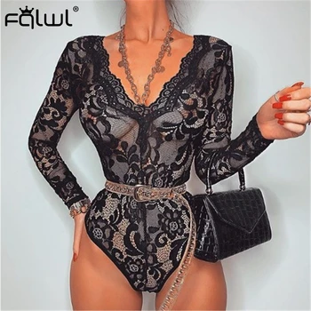 

FQLWL Transparent Mesh Lace Sexy Bodysuit Women Romper Tops 2020 Hollow Out V Neck Black Red Long Sleeve Bodycon Bodysuit Female