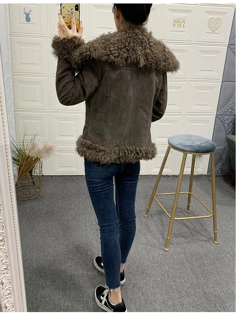 rf1923B Genuine Leather Suede Real Sheep Fur Coat Woman Fashion Winter Natural Fur Jacket for Ladies