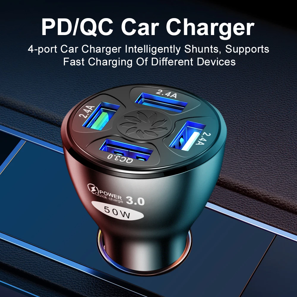 Quick Charge Car Charger 50W 4 USB QC 3.0 4.0 LED Fast Car Cigarette Lighter Mobile Phone USB Charging For iPhone Samsung Huawei