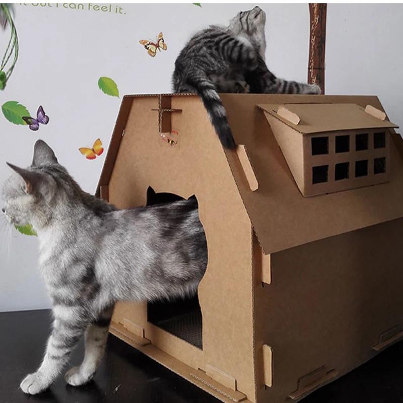DIY картонная коробка Кошкин дом имеет небольшие инструменты для окон, скретч-доска, самостоятельная сборка котенка, домашние игрушки из гофрированной бумаги, мебель для домашних животных
