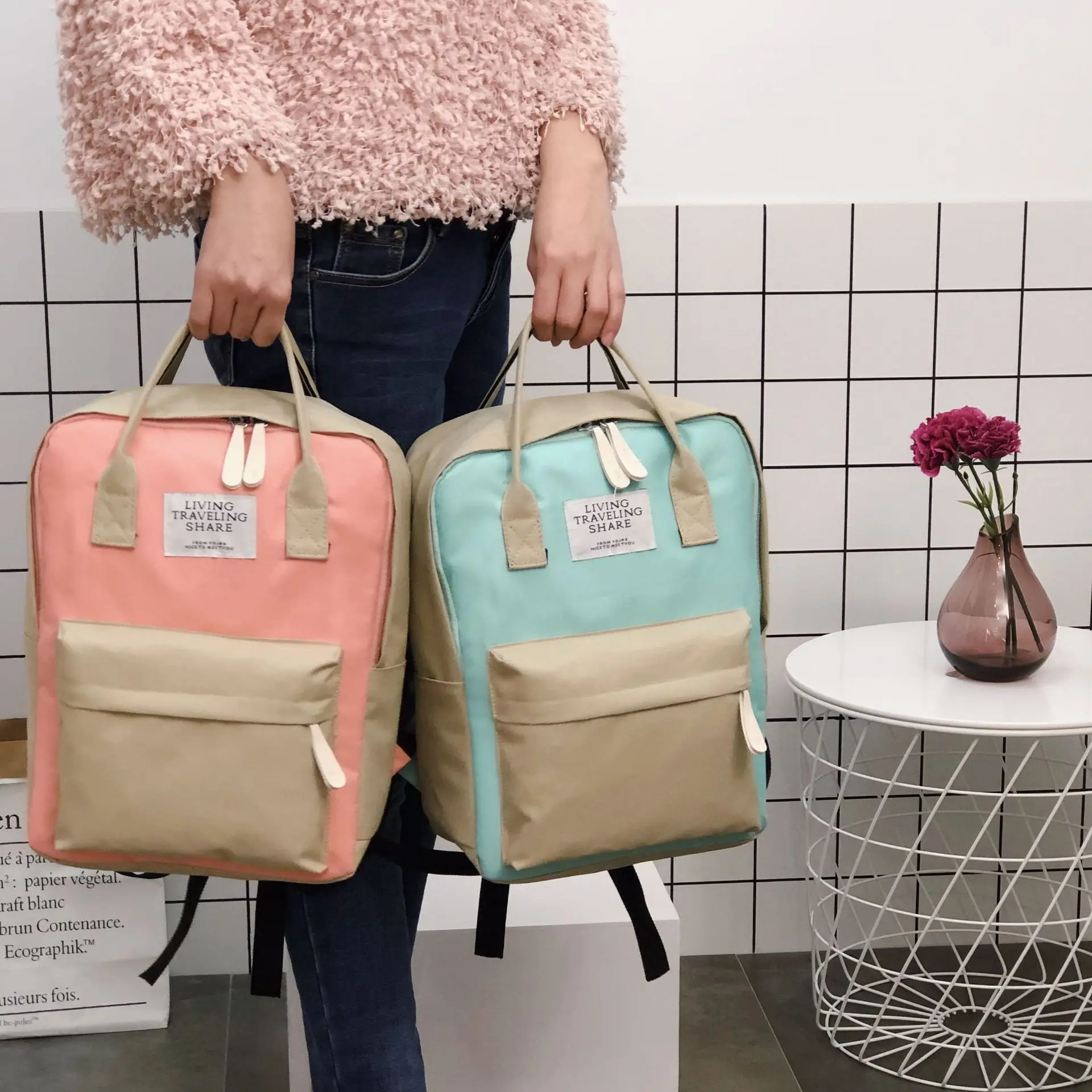 

2019 New Style Simple Canvas School Bag Contrast Color Hipster College Style Korean-style Hand Shoulder Dual Purpose Backpack