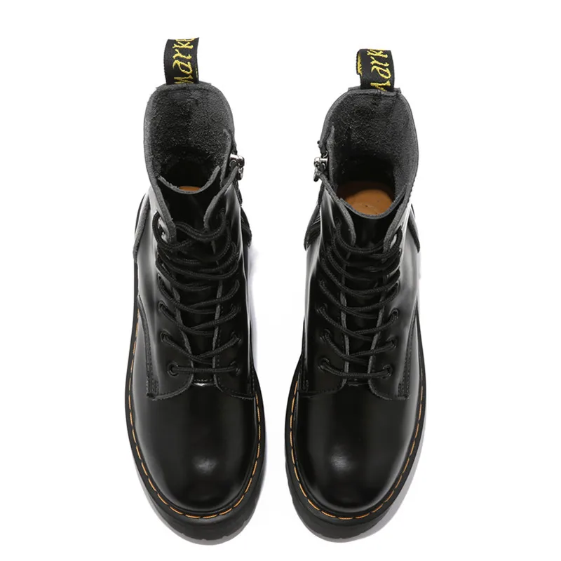 Ботинки martin из воловьей кожи; Новинка; Черный армейские ботинки; женские кожаные ботинки на платформе; ботильоны Martin в стиле панк; женская обувь на молнии; повседневная обувь на шнуровке