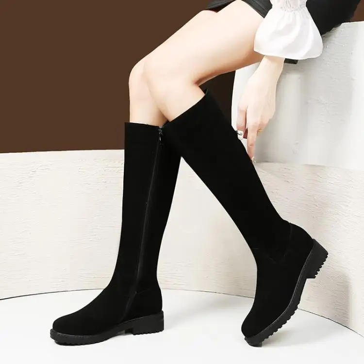 

High boots female boots with round head thick with low female boots side zippers knights of leather boots cow the velvet