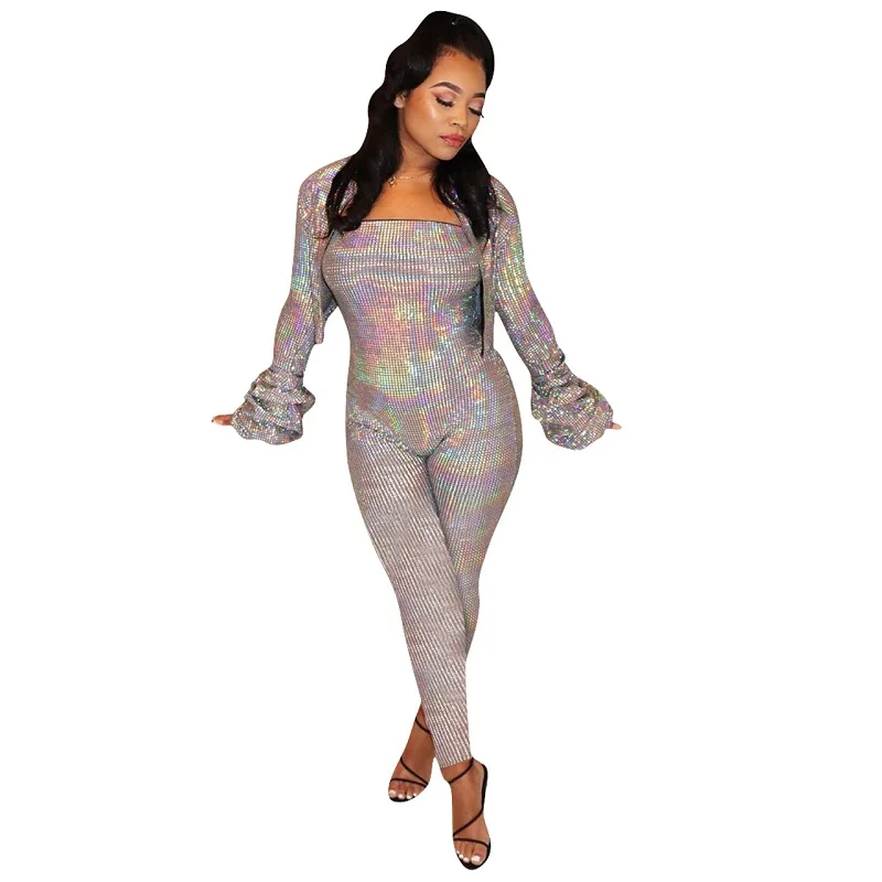 Lady shiny sequined outfit sexy strapless jumpsuits and ruched sleeve jackets 2 piece set fashion club suit | Женская одежда