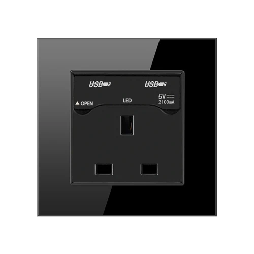 UK 4 Хрустальная стеклянная панель, двойной USB порт для зарядки, 2.1A, настенное зарядное устройство, адаптер со светодиодным индикатором, 13A, английская розетка, розетка, черный, 1, 2 комплекта - Цвет: UK 4