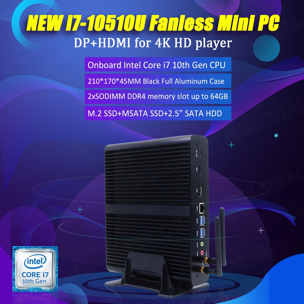 Мини ПК игровой 10 го поколения без вентилятора Intel Core i7 10510U 4 ядра 8 потоков 1 ГГц до