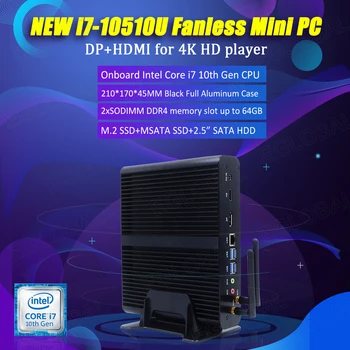 

10th GEN New Fanless Mini PC Intel i7 10710U 10510U Windows10 Desktop Pc 2*DDR4 M.2 NVMe+Msata+2.5''SATA 4K HTPC Nettop HDMI DP