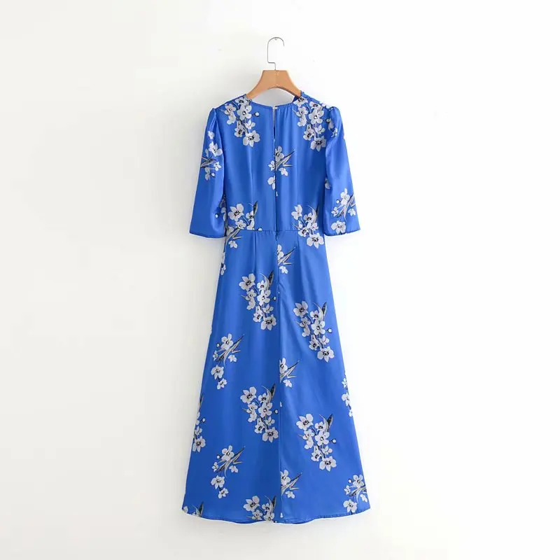 Женское винтажное синее платье с цветочным принтом, шикарное элегантное плиссированное платье с оборками, повседневные тонкие платья кимоно DS2688