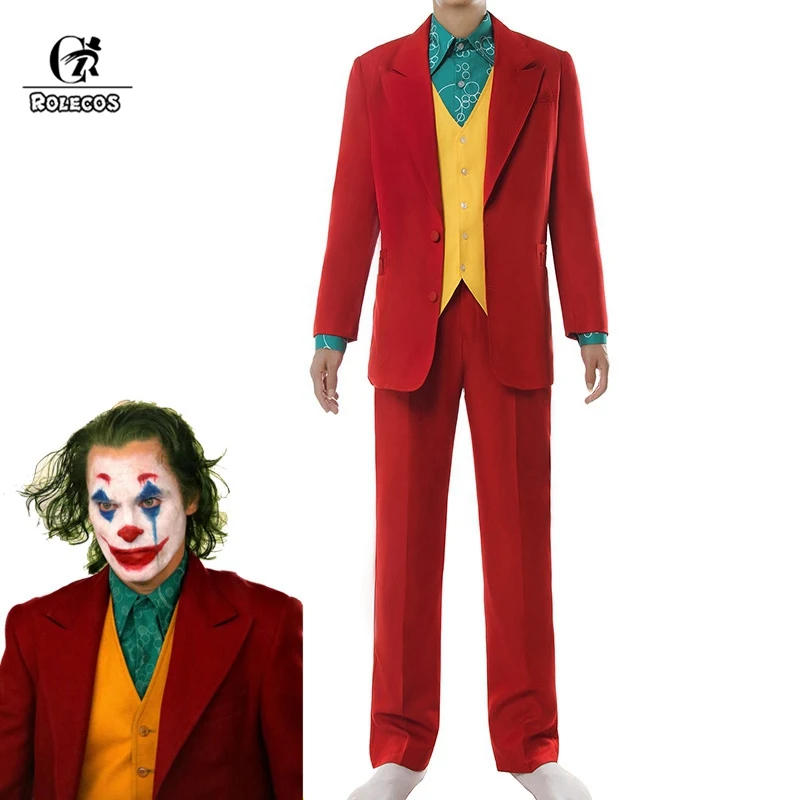 Comprare ROLECOS Joker Cosplay Costume Da Clown Costume di Halloween Degli Uomini del Burlone di Film Uniforme Pagliaccio Vestito di Affari