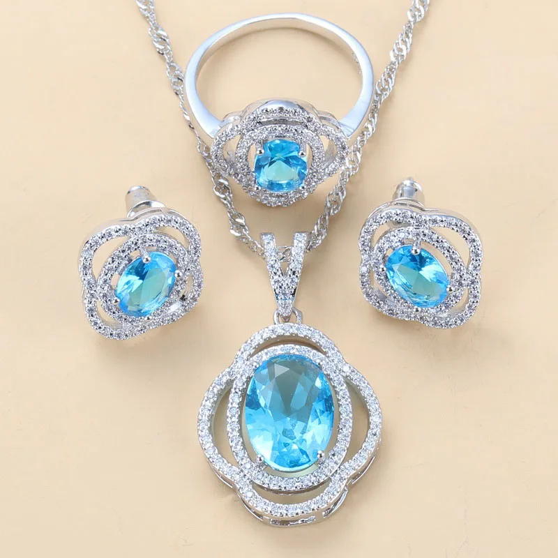 Очаровательный Небесно-Голубой циркон серебряный цвет полые Ювелирные наборы
