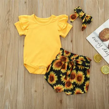 

US 3Pcs Newborn Baby Girl Clothes Romper Bodysuit Shorts Sunflower Summer Outfit