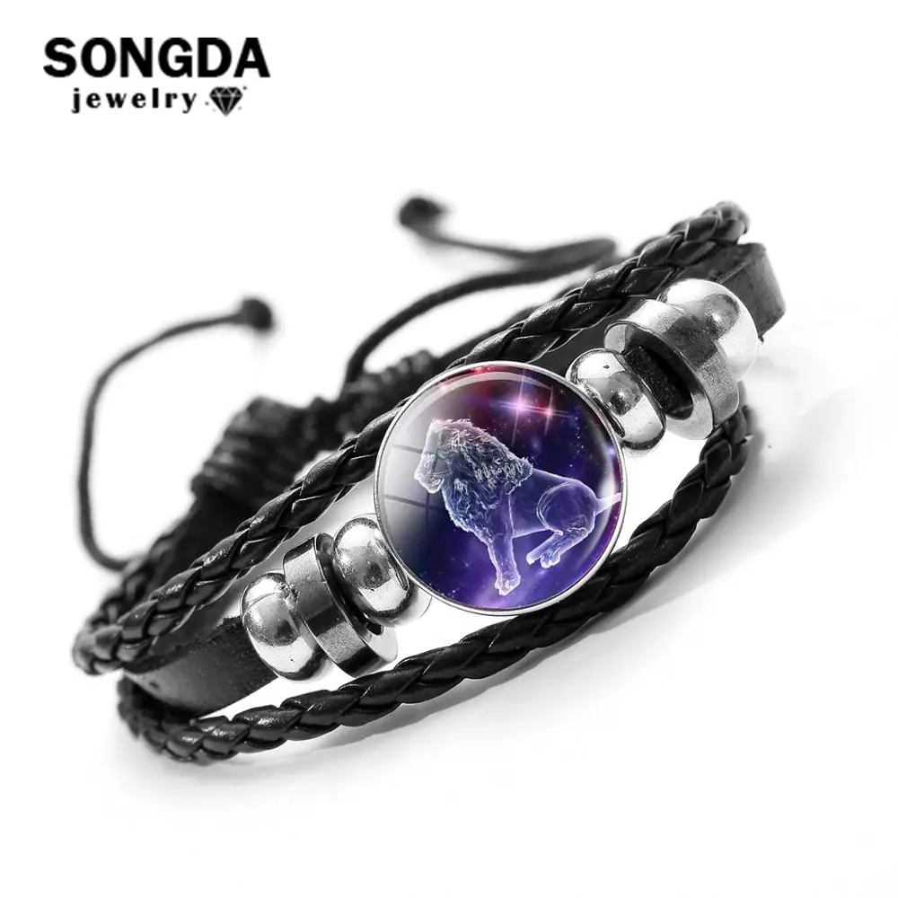 SONGDA marca 12 constelación signo del zodiaco pulsera acuario Piscis Aries Tauro Géminis, Cáncer, Leo Virgo cuero trenzado pulsera