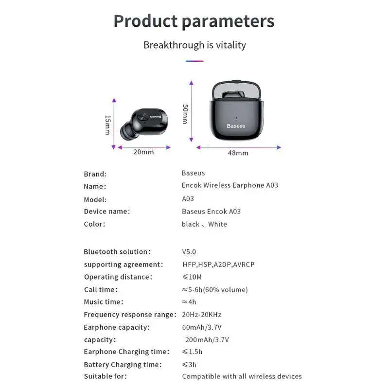 Baseus A03 бизнес Bluetooth наушники мини портативный один беспроводной наушники с микрофоном для xiaomi iPhone huawei вождения автомобиля