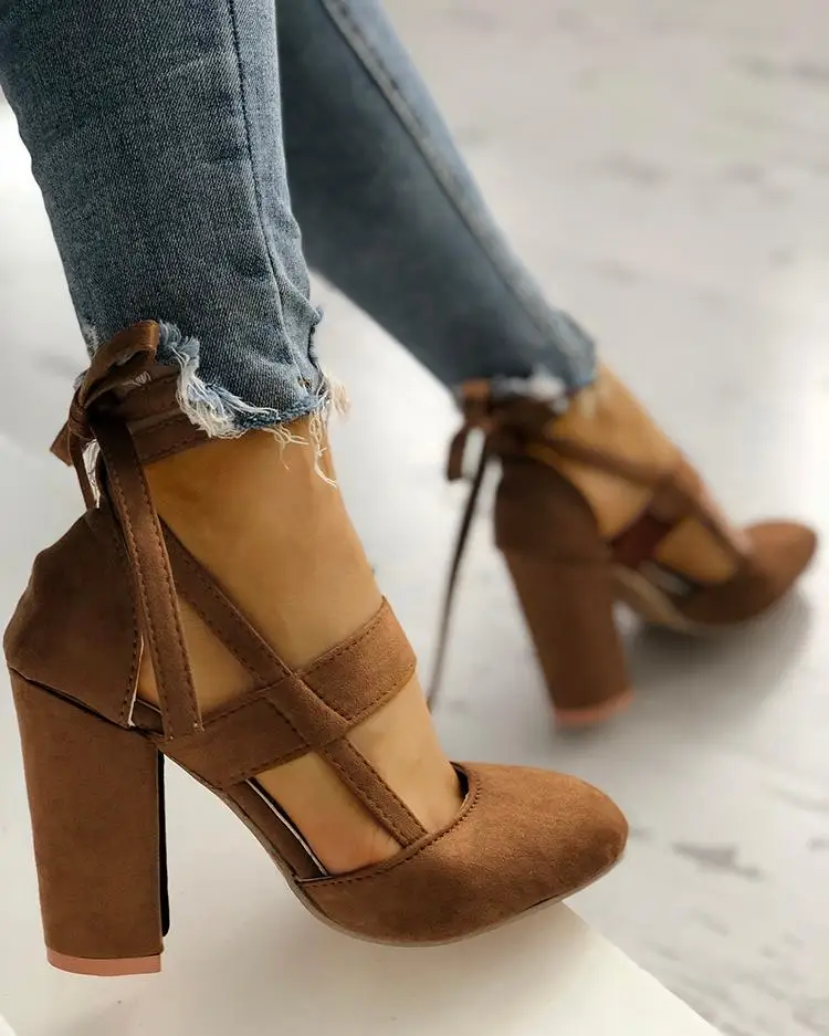 Zapatos de tacones gruesos con punta cerrada, color sólido - AliExpress  Calzado