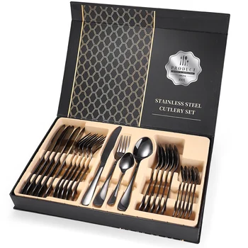 

24pcs Luxury Teaspoon Cutlery Gift Box Flatware Home Kitchen Stainless Steel Portable Mirror Finish Dinnerware Set Fork Spoon