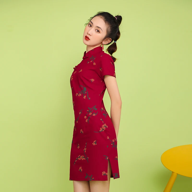 Chinese Summer Mini Cheongsam Women Microfiber Dress One Piece Gown Size M-2XL