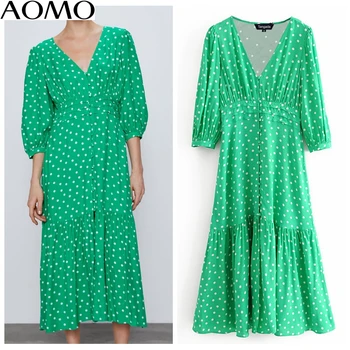 

AOMO fashion women green dots print midi dress ZA puff v neck ladies 2020 summer dress vestidos 3H395A