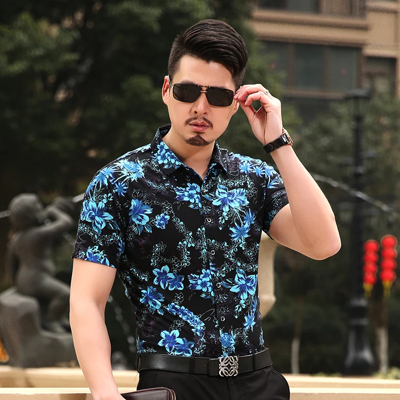 LONMMY плюс размеры 6XL 24 цвет шелк хлопок для мужчин цветок мужские рубашки с цветочным узором короткий рукав платье рубашка slim fit Camisa Лето 2019 г