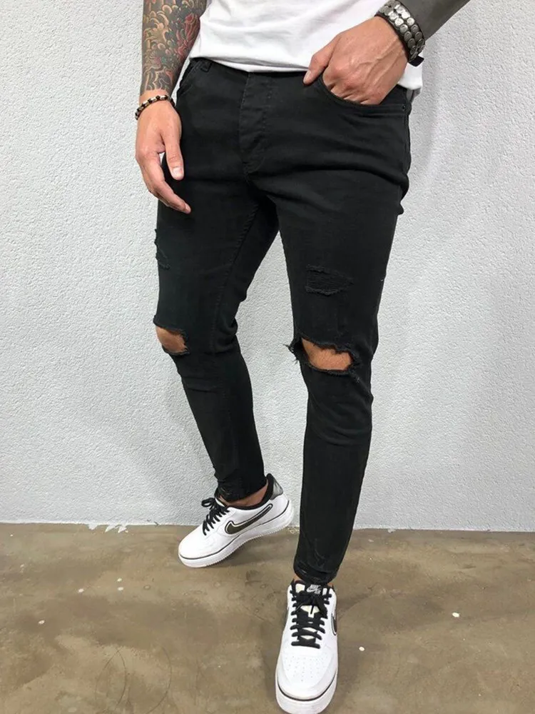 New Hot Style Fashion jeans for European men 2020 are torn  holes and elastic feet