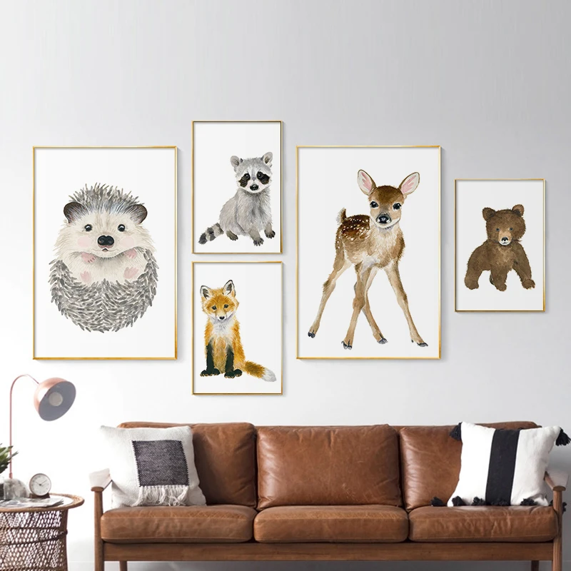 

Canvas Painting Poster Deer Bear Fox Cat Hedgehog Prints Nursery Pictures Animal Wall Art Kids Room Living Room Home Decor