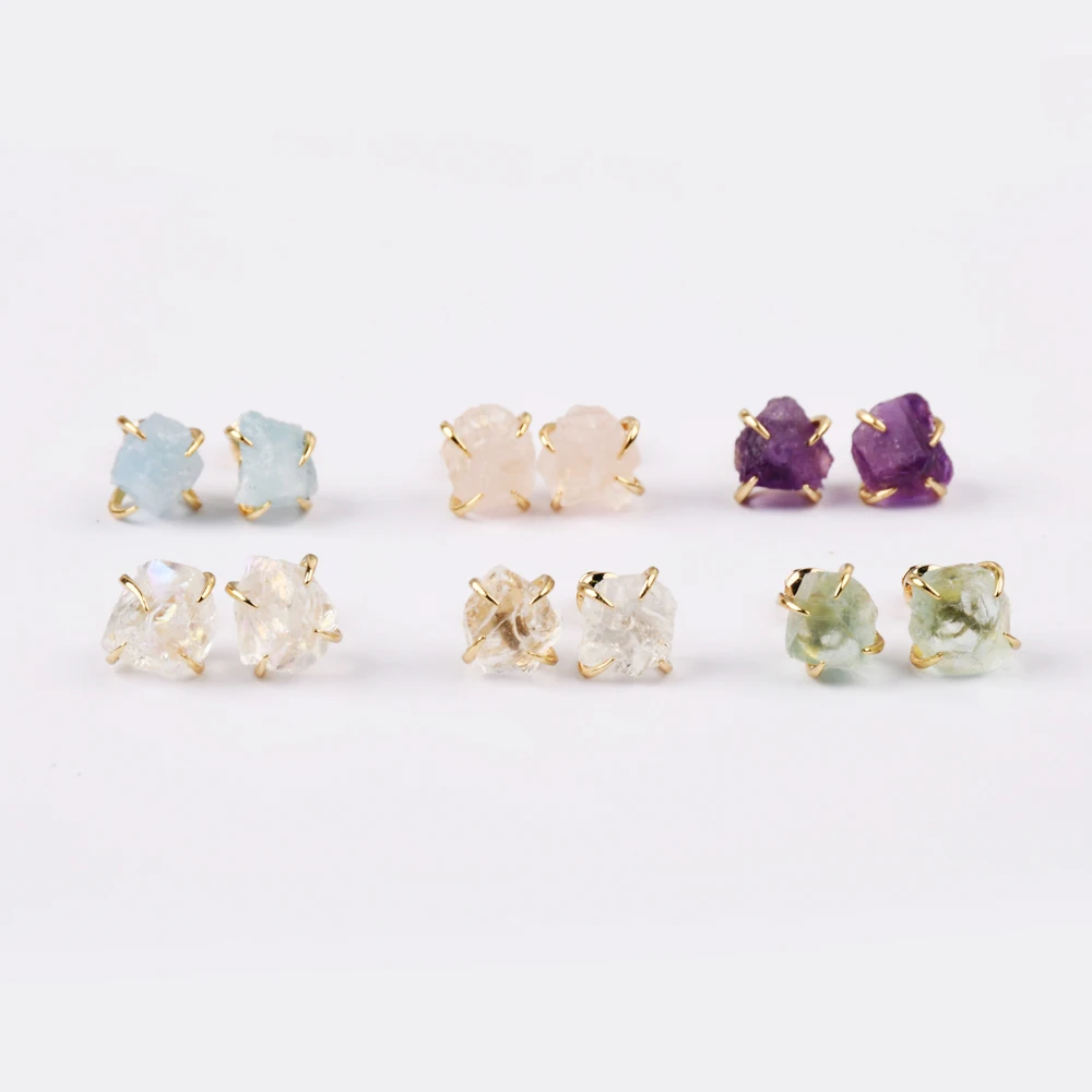 

Fashion Healing Crystal Multi-kind Gemstone Geometric Irregularity Natural Stones Stud Earrings Claw Crystal for Women Gifts