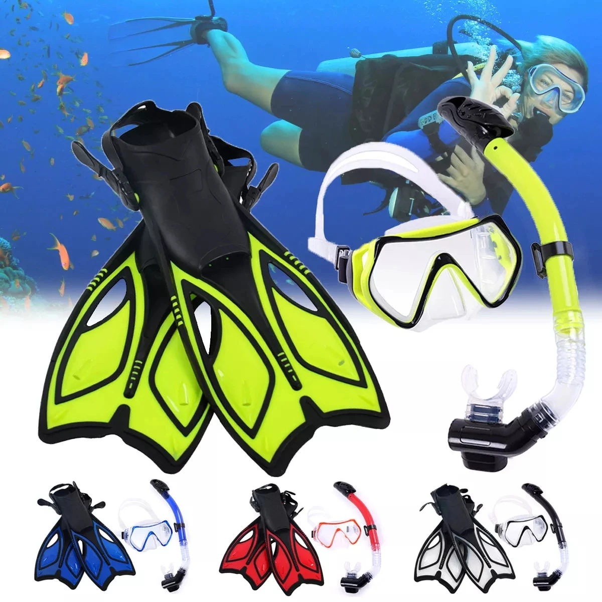 

Professional Snorkeling Set Diving Mask+Swimming Fins Flippers+Free Breathing Dry Top Snorkel Set for Adult Youth Foot Fins D25