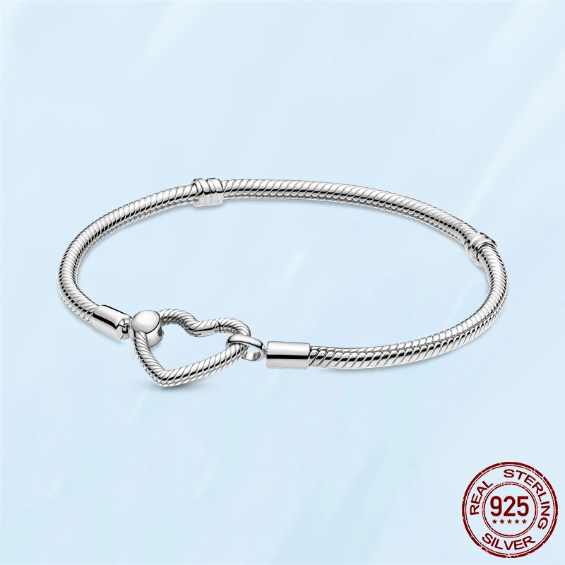 TOP SALE 925 Sterling SILVER Heart Snake Chain Fashion Bracelets For Women Fit Original Pandora Charm Beads Jewelry Gift