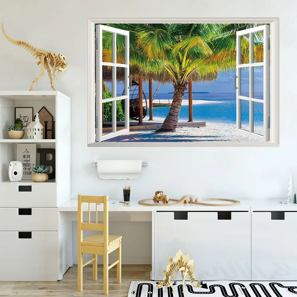 Kun Still Cross Border New Style 3D jia chuang Beach Coconut Scenery Wall Stickers Living Room Bedroom Environmentally Friendly