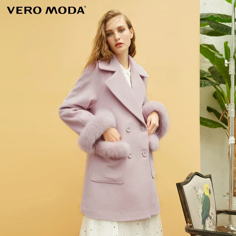 Vero Moda шерсть реглан меховой воротник длинное пальто из чистой шерсти пальто | 318327501