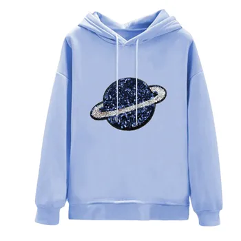 

Planet Sequins Print Hoodie Sweatshirt Women Kawaii Korean Casual Long Sleeve Hooded Sweatshirt Hoodies Tops Shirt Streetwear