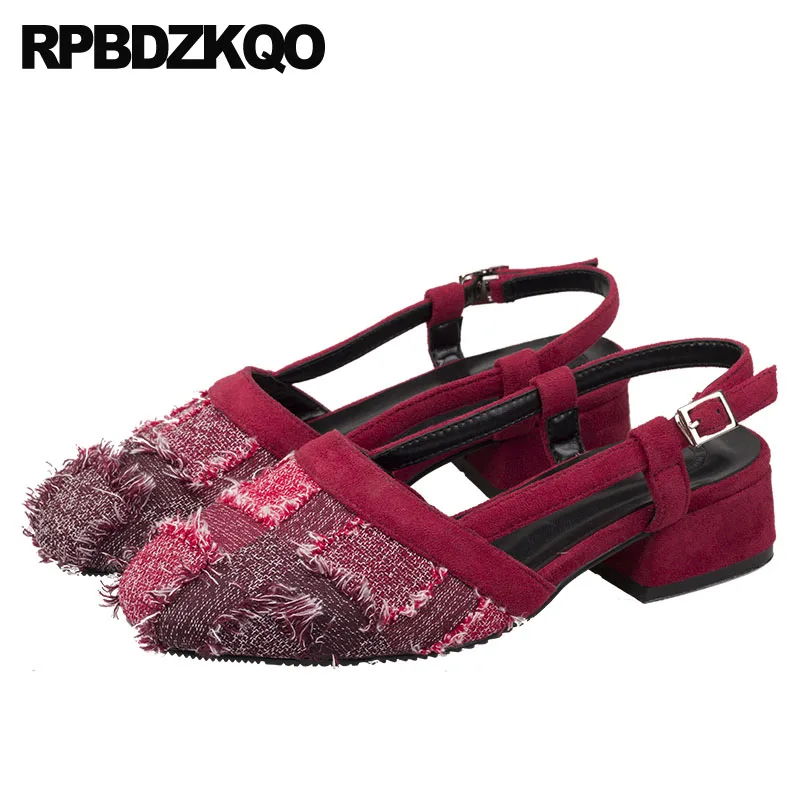 

black wine red cheap autumn chunky block low heels slingback size 4 34 pumps square toe thick 2019 canvas shoes women ladies