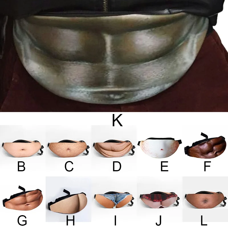 Bag On A Belt Fashion New Personality Simulation Big Belly Ass Pockets Men's Black Belly Design Zipper Single Waist Pack.w