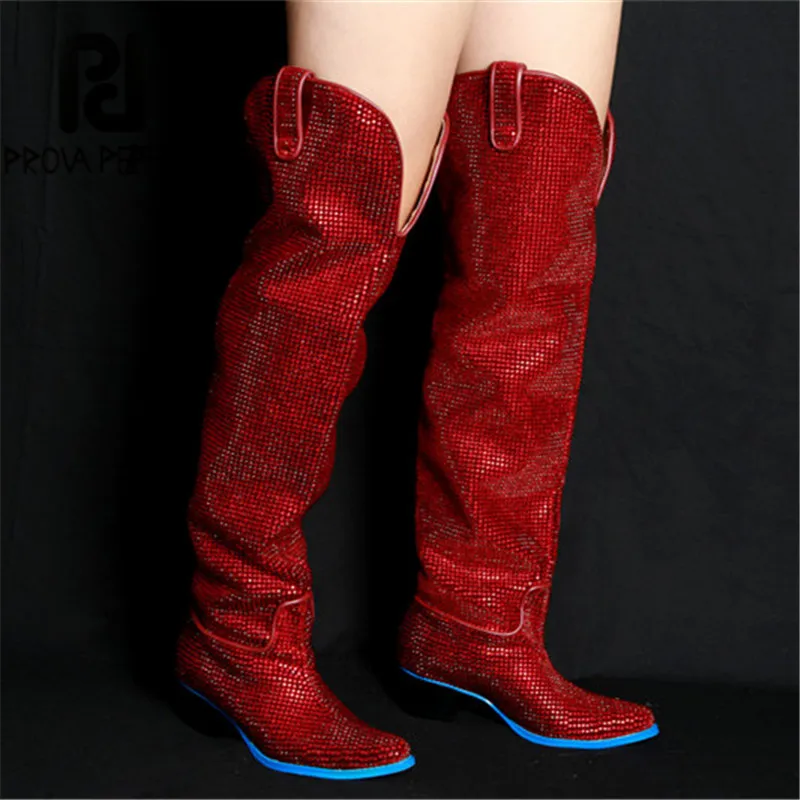 Prova Perfetto стразы украшение выше колена Длинные трубы bottes femme низкий каблук Platorm сапоги для женщин водонепроницаемый натуральная кожа