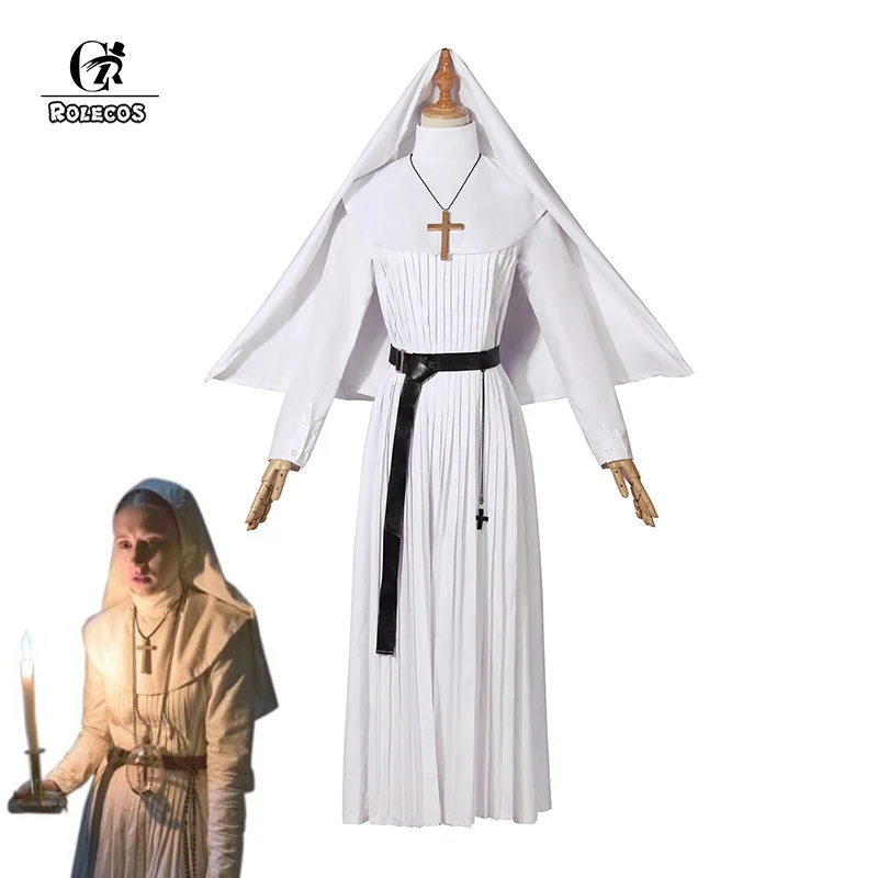 ROLECOS заклятие сестра Ирен Косплэй костюм монахини белый длинное платье из фильма