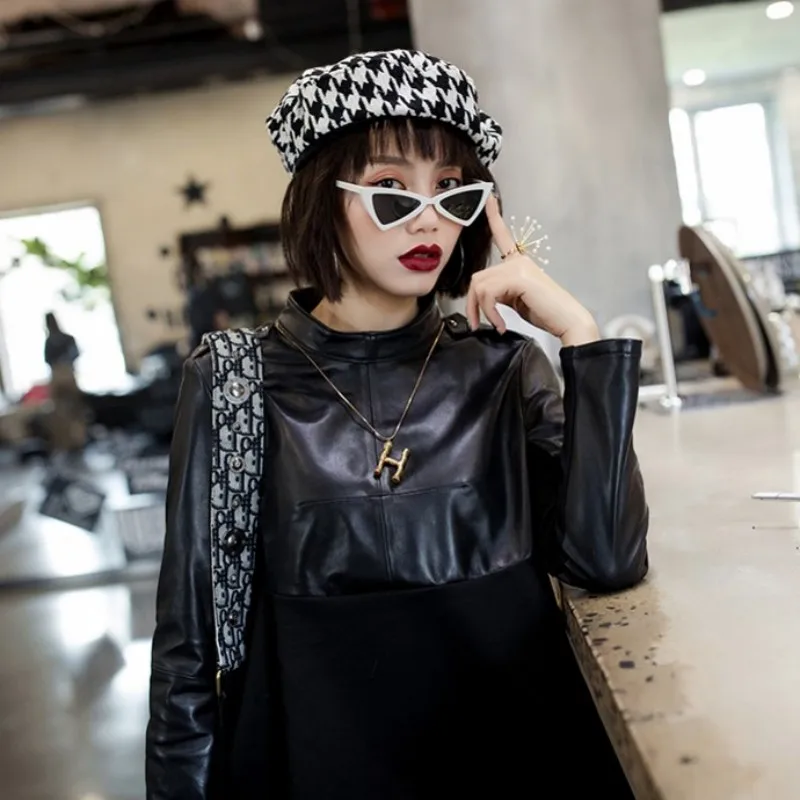 Autumn New Women Casual Patchwork Genuine Leather Jacket Long Sleeve Turtleneck Tops Loose Fit Asymmetrical Outerwear Coat 3XL