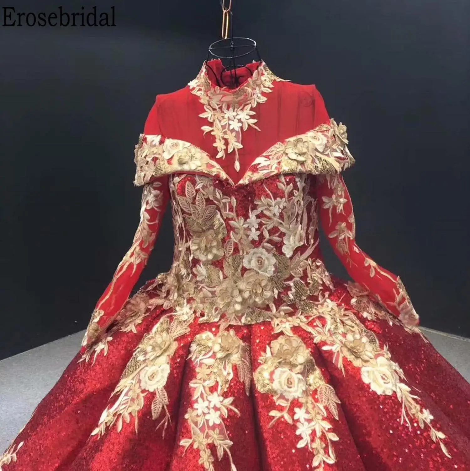 Erosebridal роскошное вечернее платье с длинным рукавом, бальное платье, стильное Красное Длинное торжественное платье, вечернее платье с золотыми цветами на шнуровке сзади