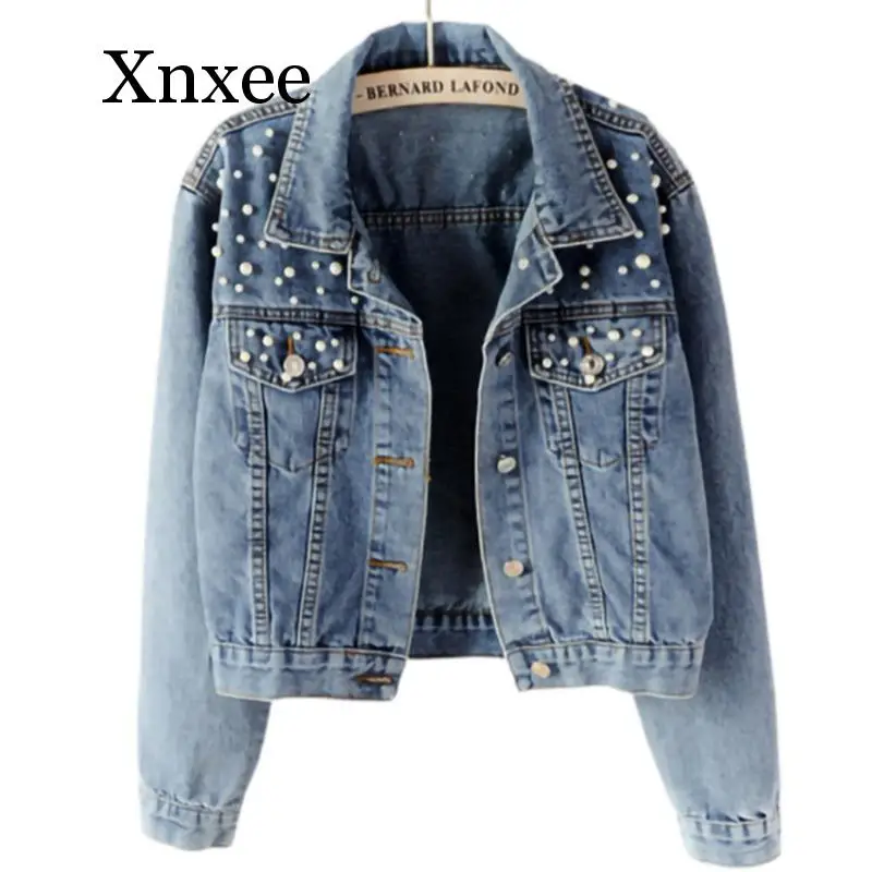 Pearl Beading Short Denim Jackets Women Wash Long Sleeve Vintage Casual Jean Jacket Denim Coat Women Jeans Coat  5xl