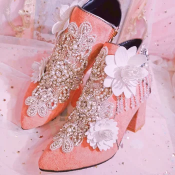 

Autumn and winter new style diamond-studded pointed toe Lolita Japanese thick high-heeled single ankle boots women leather boots