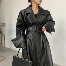 Lautaro longo oversized couro trench coat para mulher manga comprida lapela solto ajuste queda elegante preto roupas femininas streetwear
