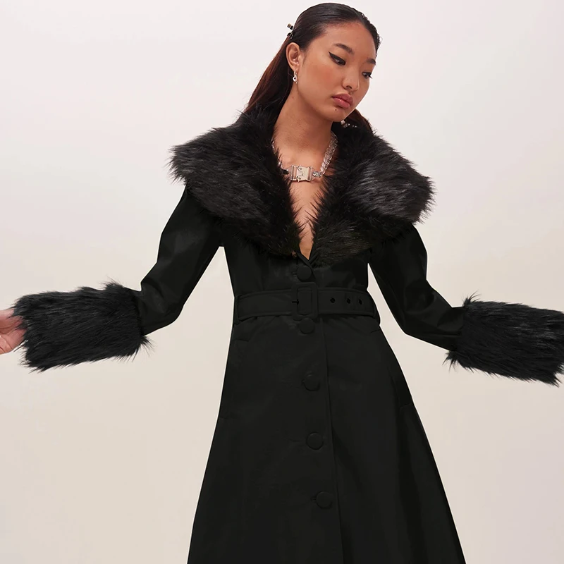 WannaThis Faux Leather Fur Coat Women With Belt Warm Thick Outwear PU Leather Streetwear Female Elegant Outwear Long Coat Green