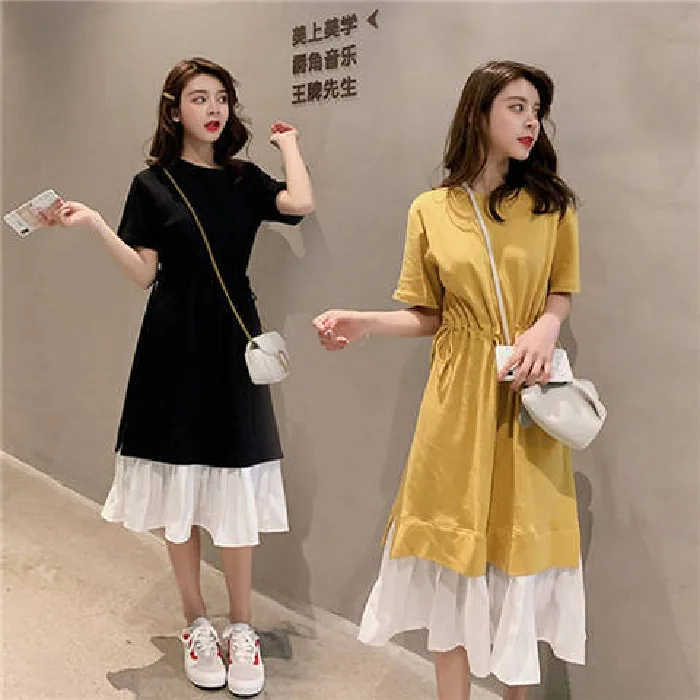 

2019 New Style Korean-style Loose-Fit Joint Mock Two-Piece Dress Outfit Waist Hugging Mid-length Skirt Slimming Dress Women's Su