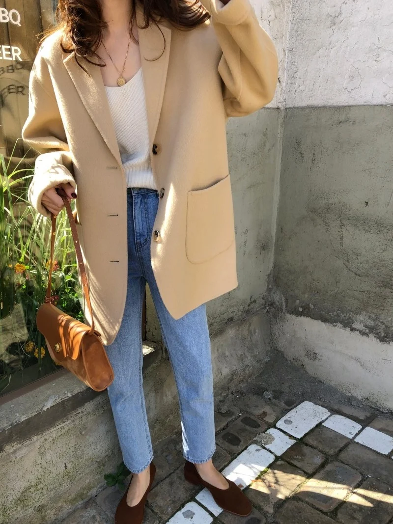 Korean Temperament Lapel Three Button Large Pocket Loose Versatile Long Sleeve Medium Long Woolen Coat Women 2021 N106 long puffer